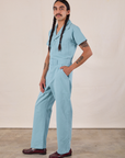 Short Sleeve Jumpsuit in Baby Blue side view on Anthony