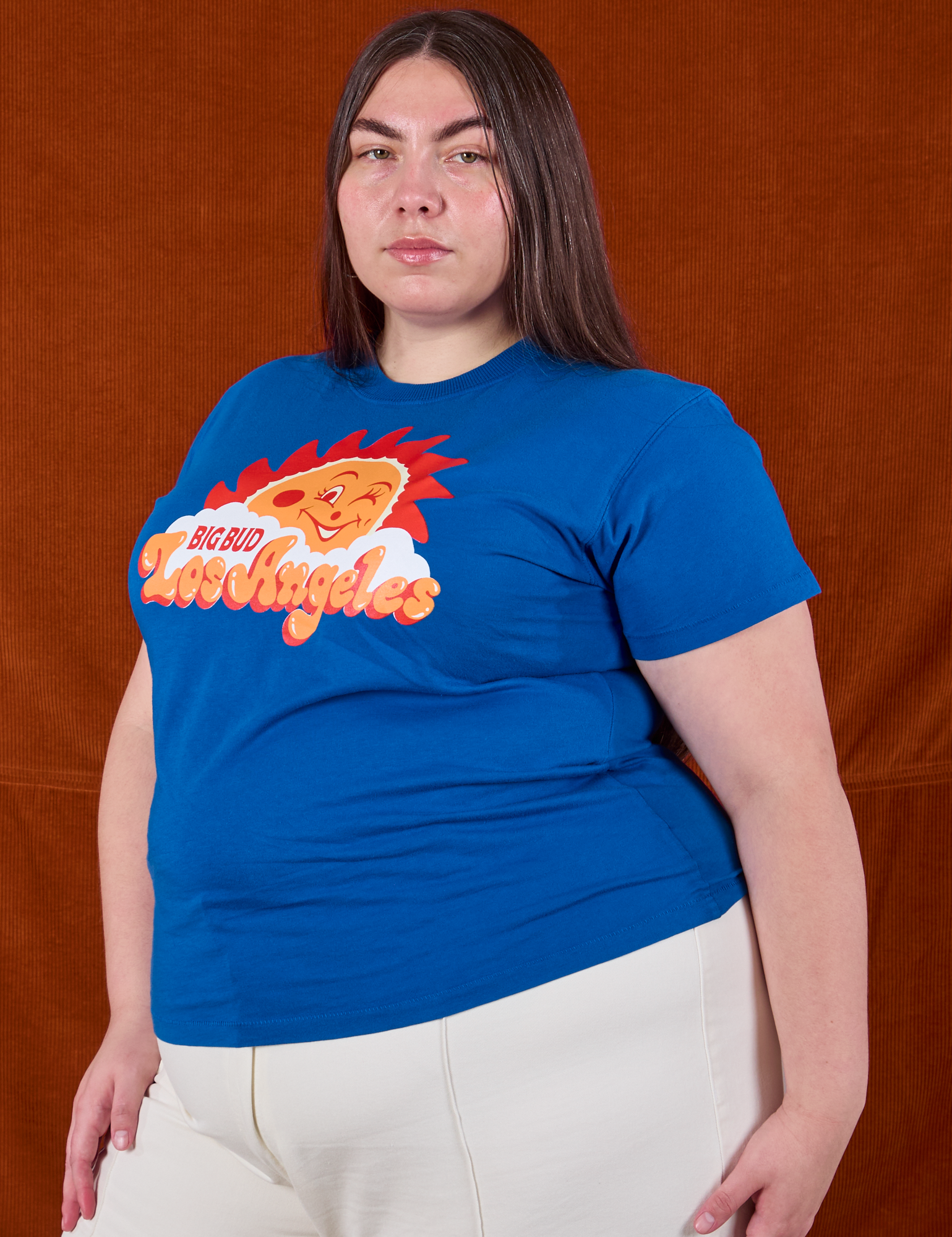 Sunny Los Angeles Tourist Tee angled front view on Marielena