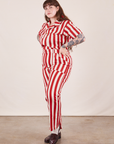 Angled view of Cherry Stripe Jumpsuit worn by Sydney