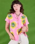 Paintstamped Pantry Button-Up in Bubblegum Pink buttoned up on Alex