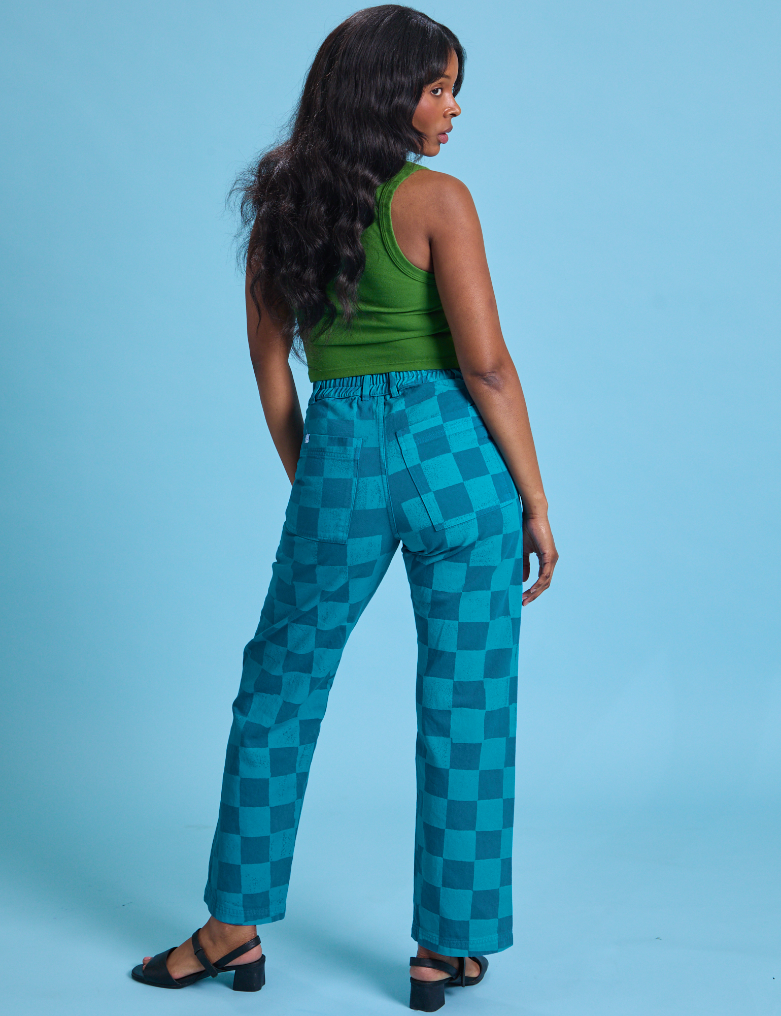 Checkerboard Work Pants in Blues back view on Kandia