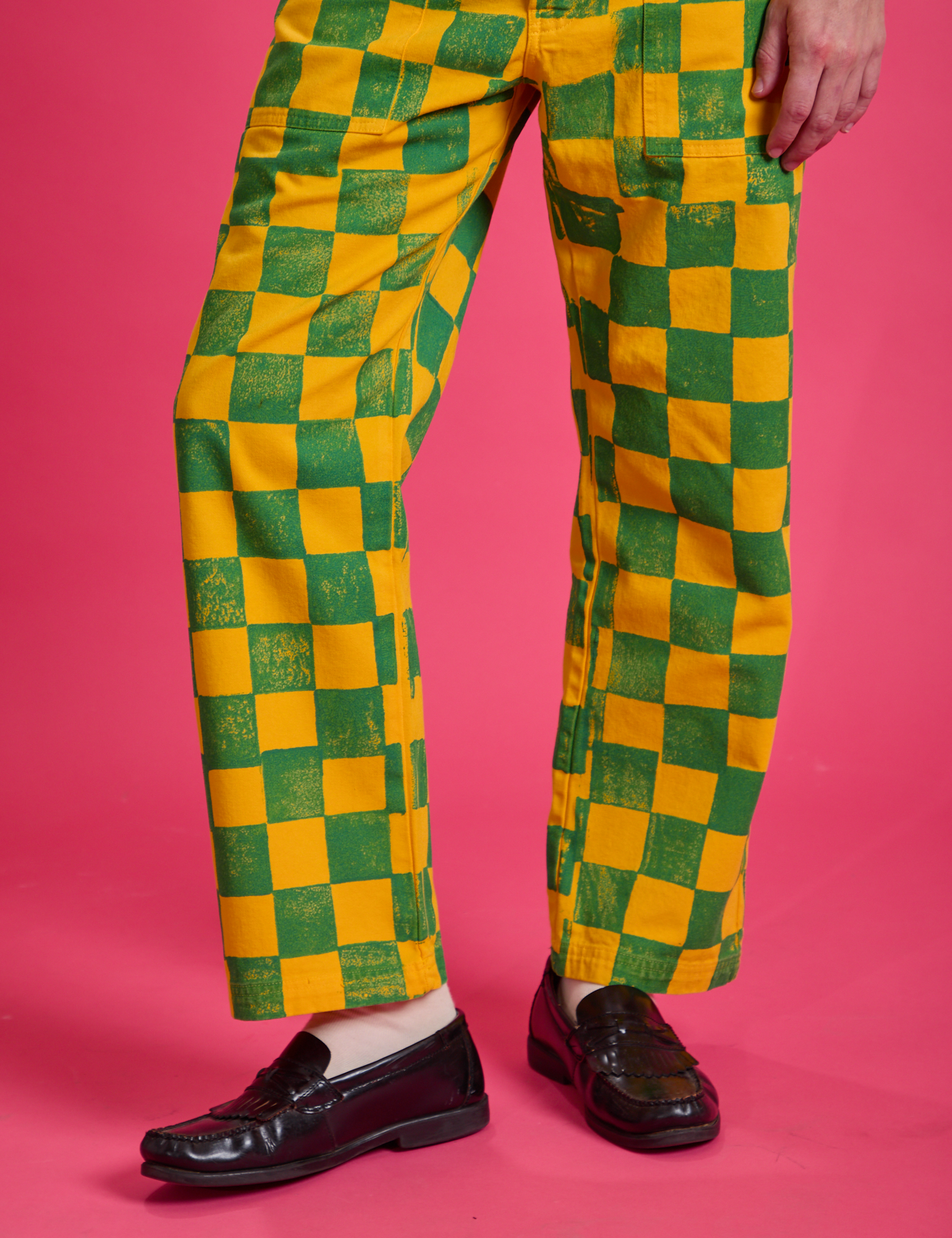 Checkerboard Work Pants in Green/Yellow close up on Quinn