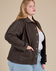 Denim Work Jacket in Espresso Brown side view on Juliet