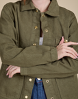 Denim Work Jacket in Surplus Green front close up on Hana