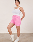 Angled front view of Classic Work Shorts in Bubblegum Pink and Cropped Tank Top in vintage tee off-white on Tiara