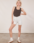 Madeline is wearing Classic Work Shorts in Vintage Tee Off-White and espresso brown Tank Top