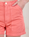 Classic Work Shorts in Flamingo Pink front close up on Alex