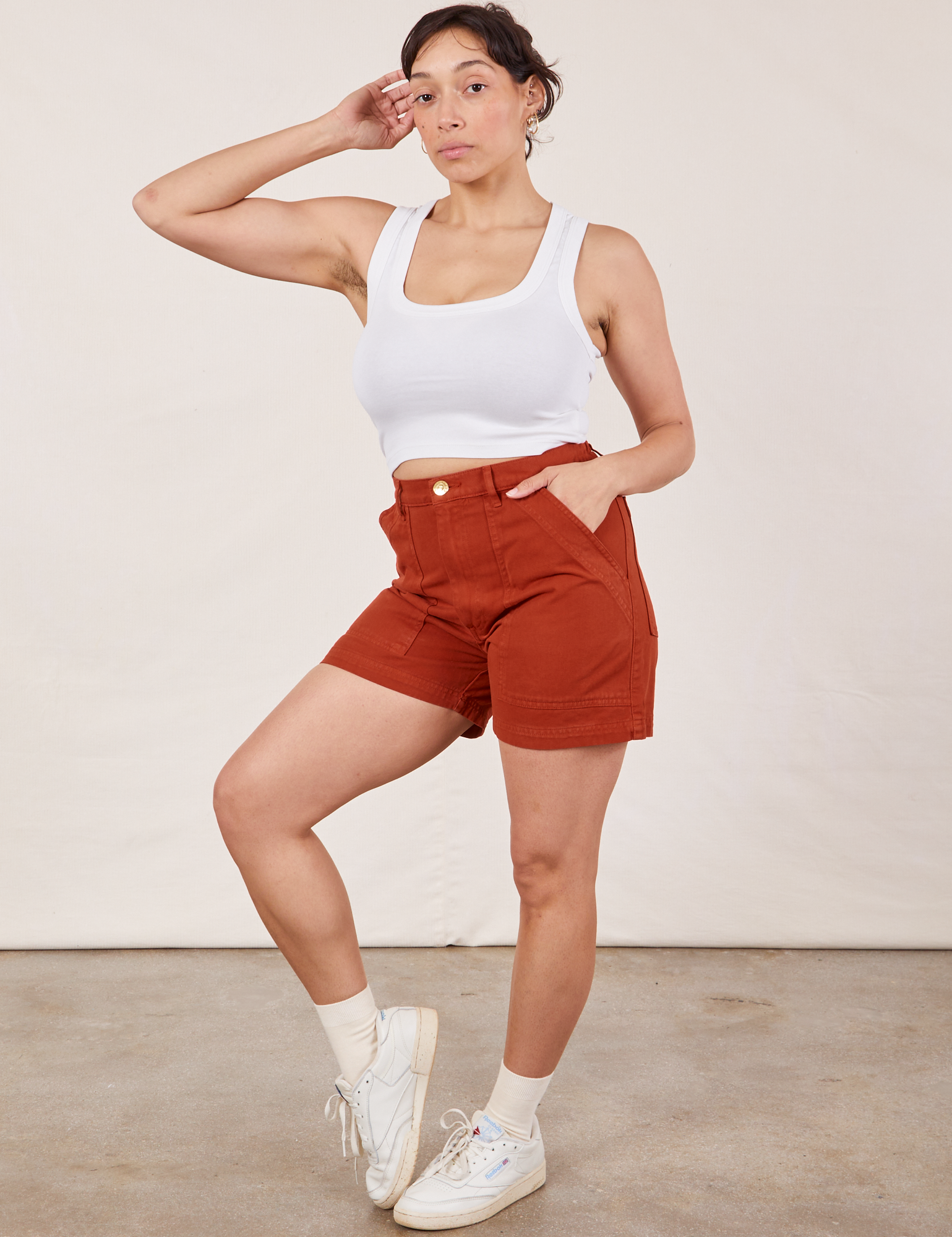 Angled front view of Classic Work Shorts in Paprika and Cropped Tank Top in vintage tee off-white on Tiara