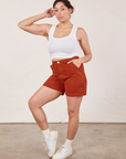 Angled front view of Classic Work Shorts in Paprika and Cropped Tank Top in vintage tee off-white on Tiara