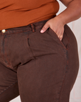 Close up of Morgan's hand in the pocket of Overdyed Denim Trouser in Fudge