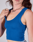 Cropped Tank Top in Royal Blue angled front view close up on Alex