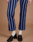 Black Stripe Work Pants in Cornflower Blue pant leg close up on Alex