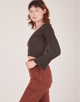 Side view of Bell Sleeve Top in Espresso Brown worn by Alex