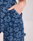 Close up of Alex's hand in the front pocket of Carpenter Overalls in Lazy Daisy
