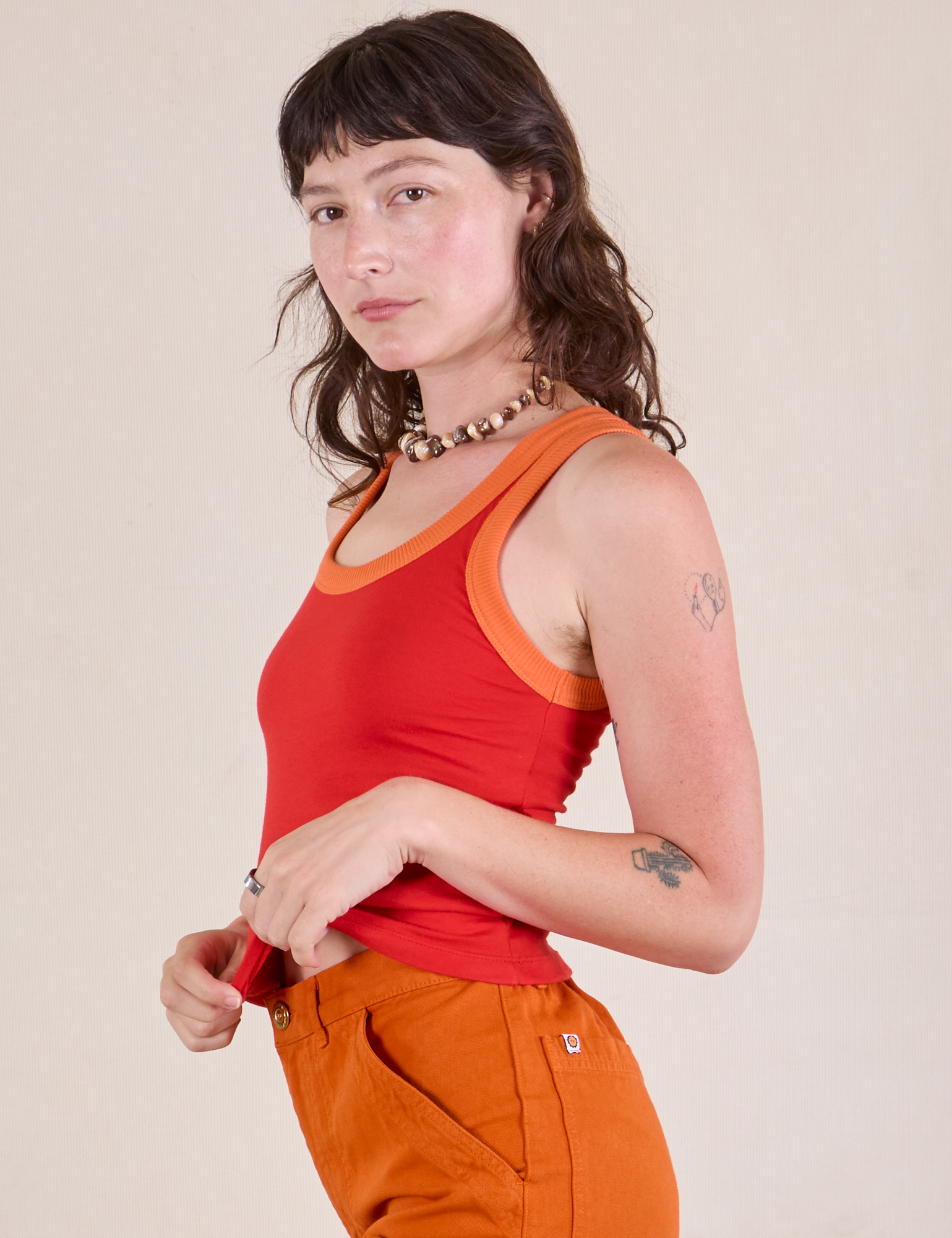 Colorblock Cropped Tank in Mustang Red side view on Alex
