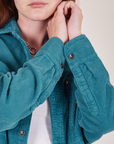 Corduroy Overshirt in Marine Blue sleeves close up on Alex