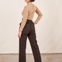 Work Pants in Espresso Brown back view on Soraya wearing tan Essential Turtleneck