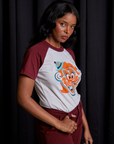 Side view of Raglan Tee in Clown on Kandia
