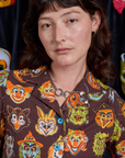 Halloween Masks Pantry Button-Up front close up on Alex