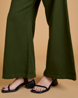 Heritage Wide Leg Trousers in Evergreen pant leg close up on Alex