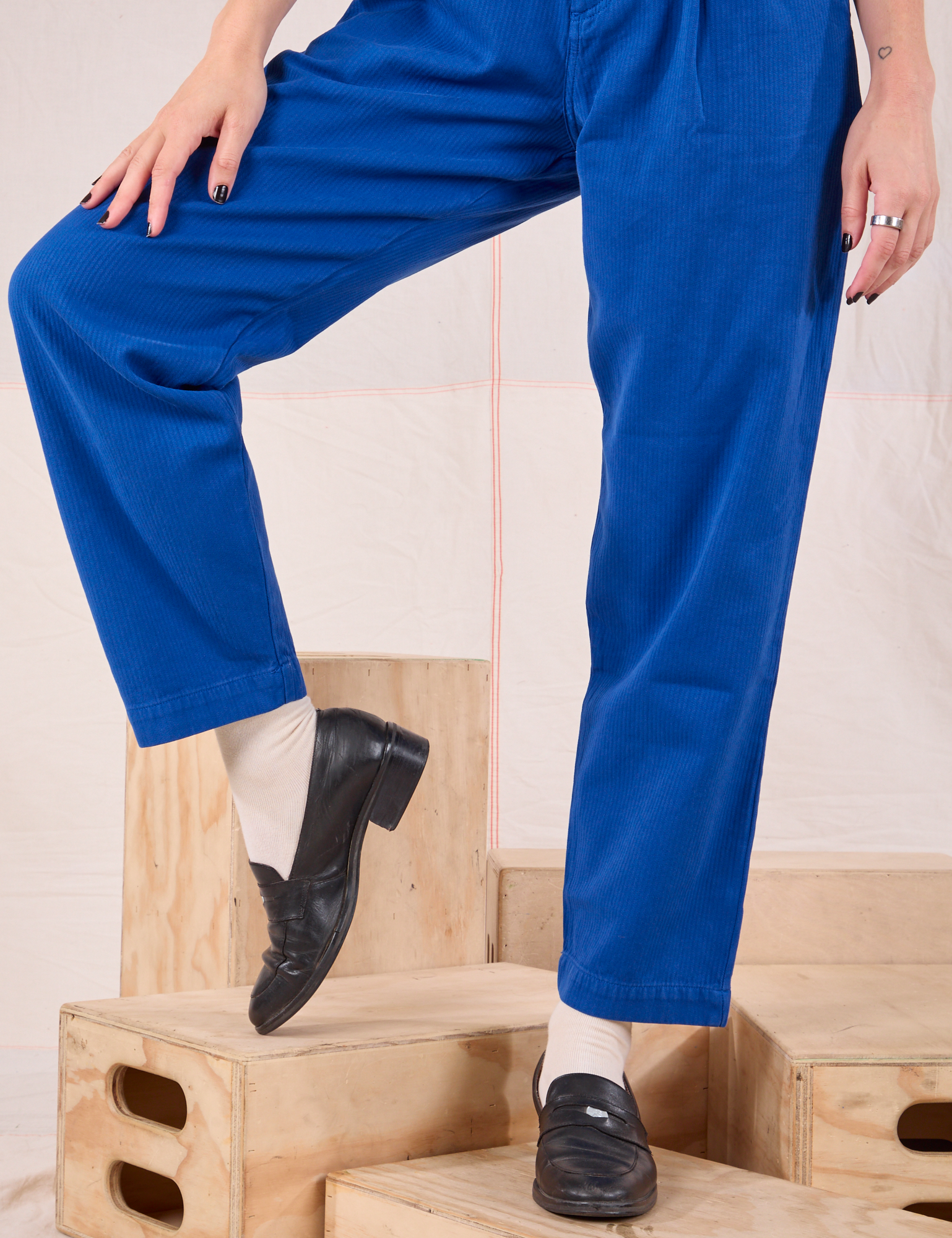 Heritage Trousers in Royal Blue pant leg close up on Alex