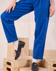 Heritage Trousers in Royal Blue pant leg close up on Alex