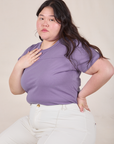 Angled view of Jr. Varsity Tee in Faded Grape on Ashley