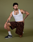 Longline Work Shorts in Fudgesicle Brown and Cropped Tank in Vintage Tee White on Jesse