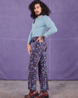 Side view of Marble Splatter Work Pants in Nebula Purple and baby blue Long Sleeve Fisherman Polo