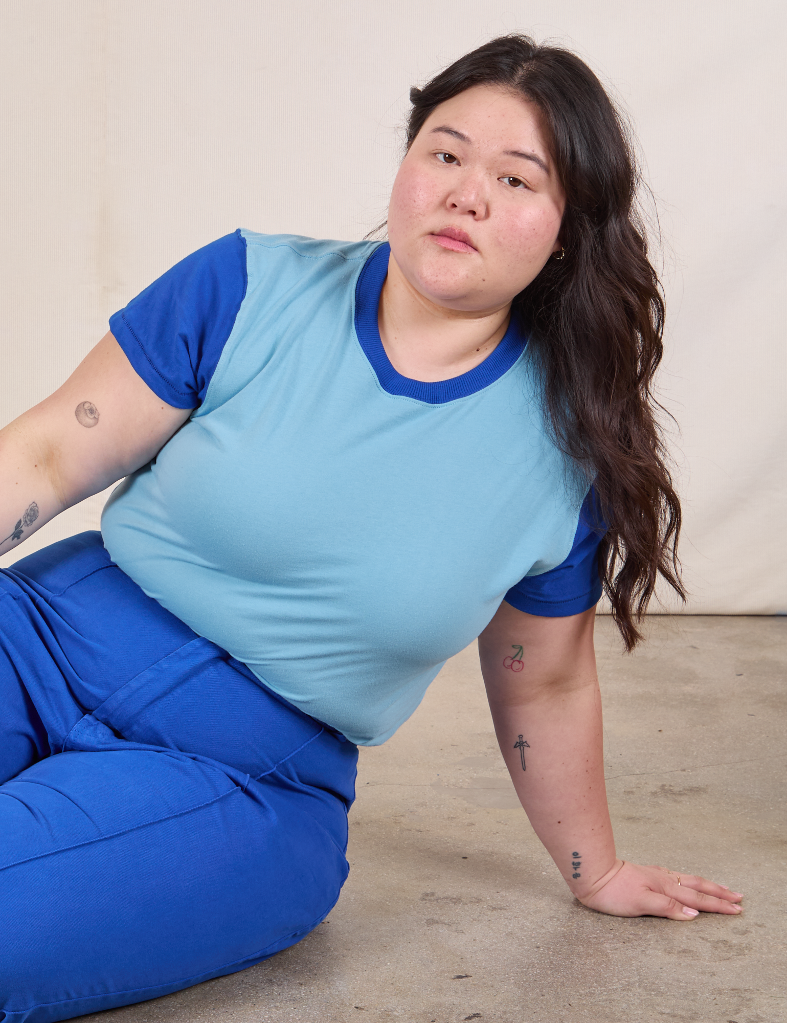 Mismatched Tee in Baby & Royal Blue worn by Ashley