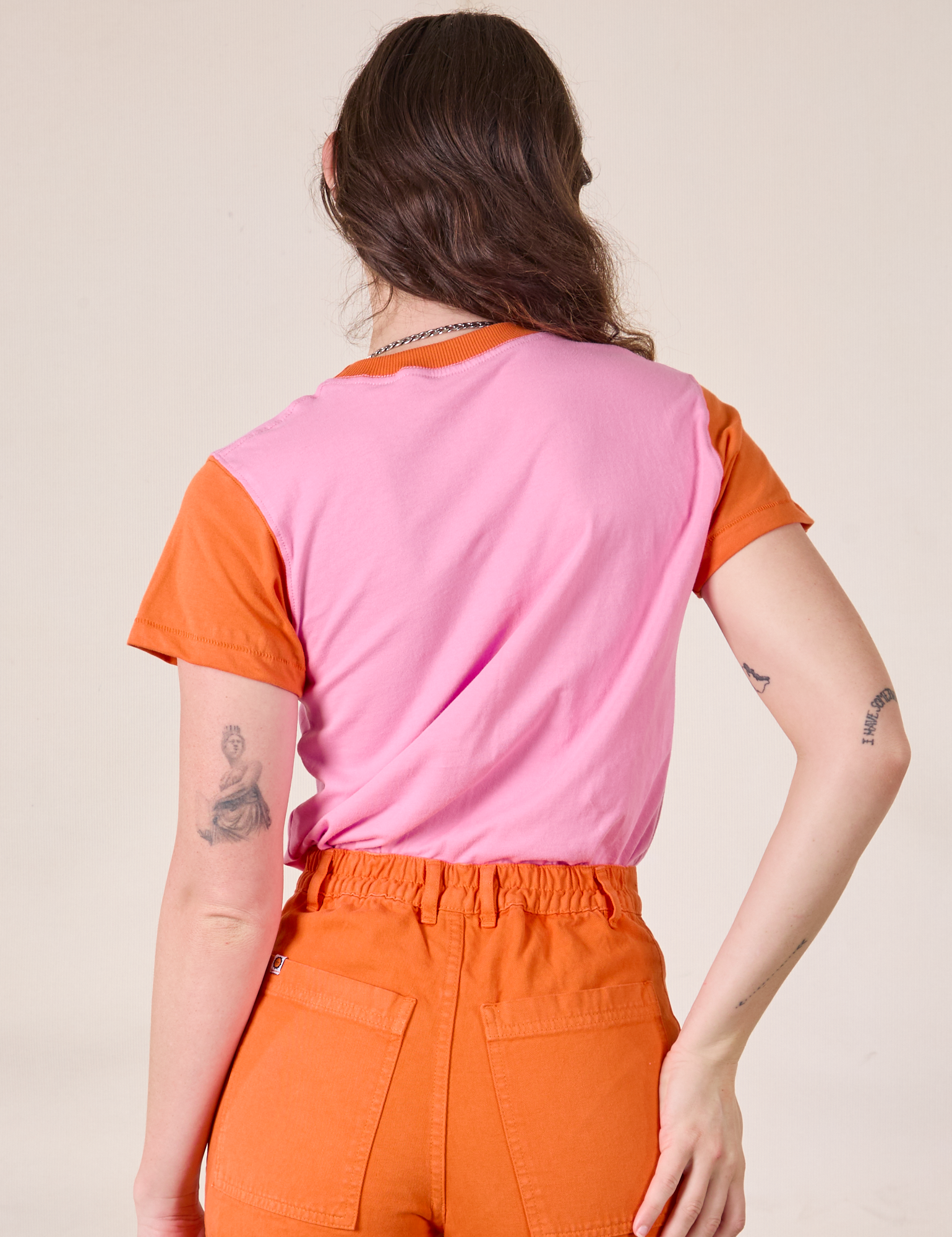 Mismatched Tee in Pink & Orange back view on Alex