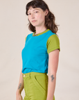 Mismatched Tee in Blue & Green angled front view on Alex
