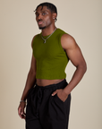 Angled front view of Muscle Tee in Summer Olive on Isaac