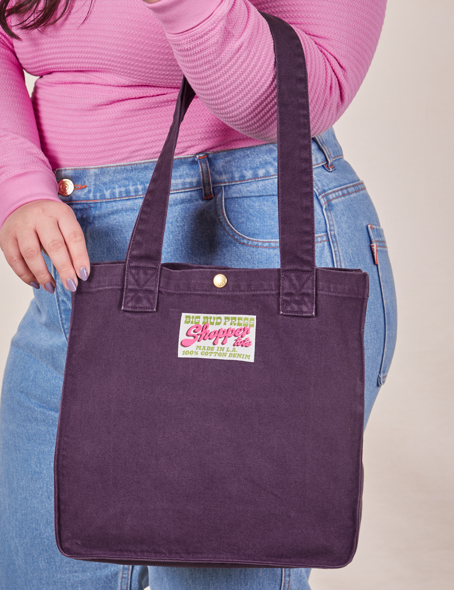 Nebula Purple Shopper Tote worn on model's arm