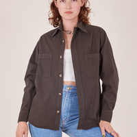Alex is wearing Oversize Overshirt in Espresso Brown