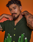 Paintstamped Pantry Button-Up in Cactus front close up on Jesse