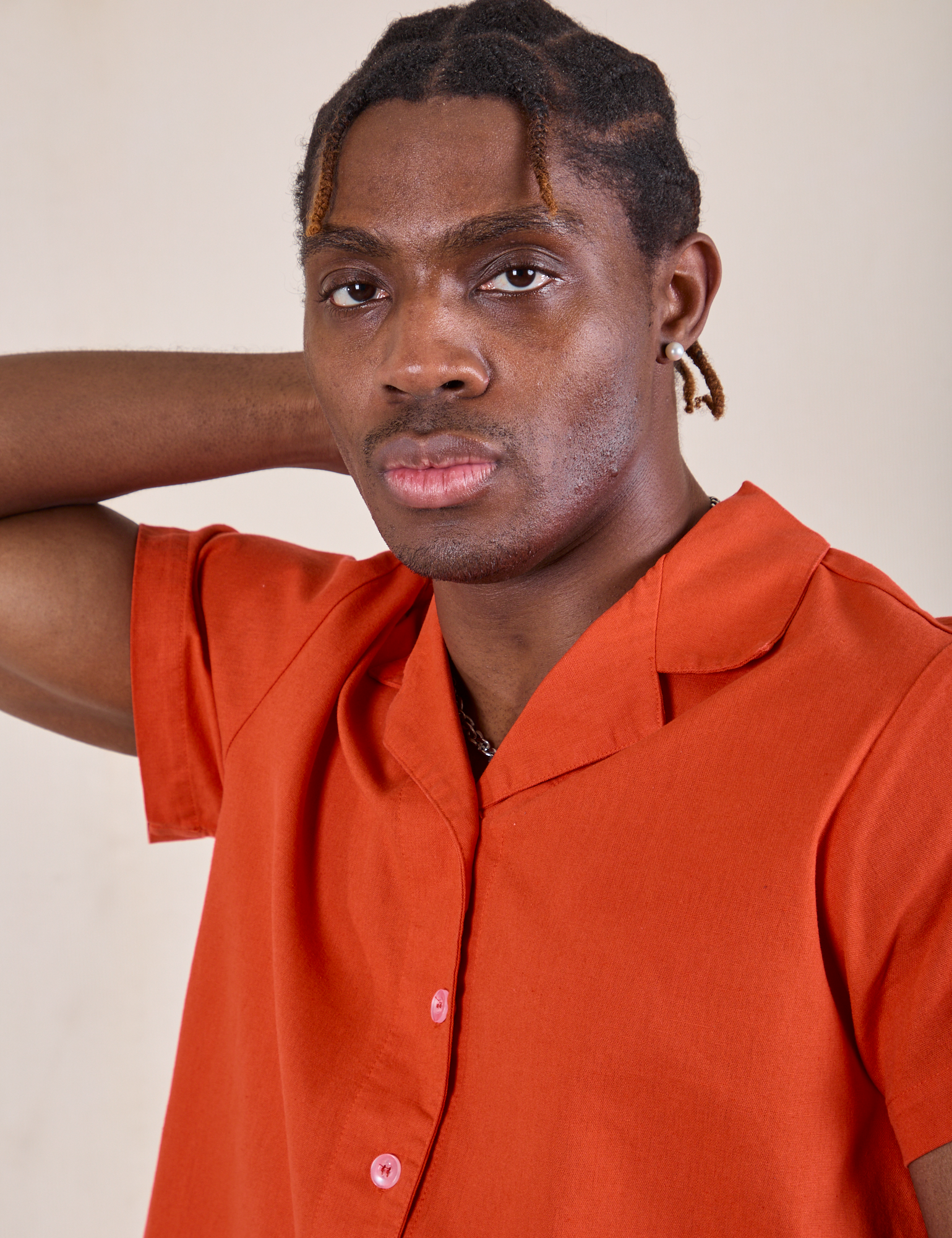 Pantry Button-Up in Chili Red  close up on Isaac