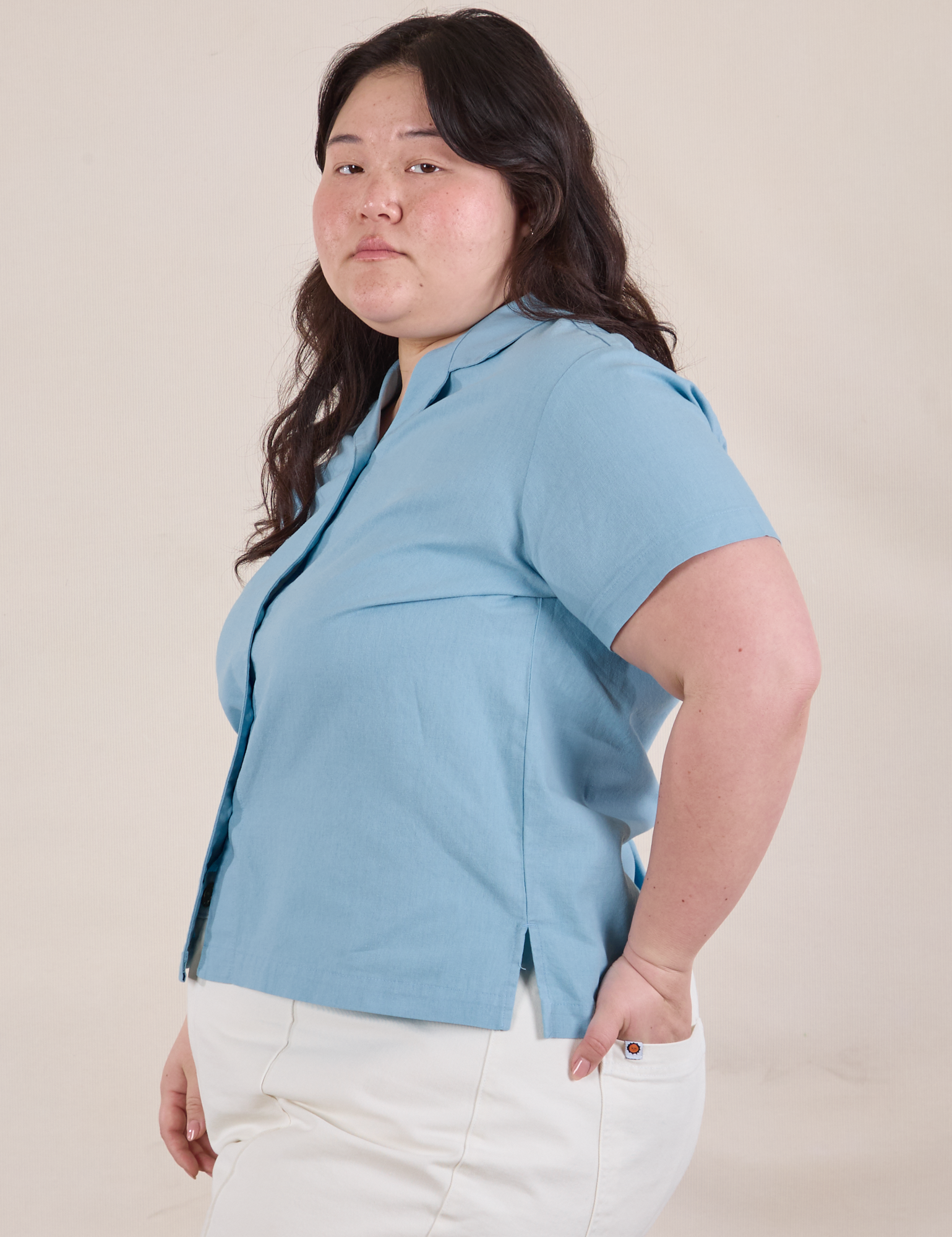 Pantry Button-Up in Baby Blue side view on Ashley