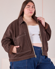 Mechanic Jacket in Fudgesicle Brown angled front view on Marielena