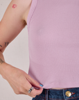 Muscle Tee in Lilac front close up on Alex