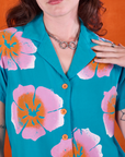 Paintstamped Pantry Button-Up in Hawaiian Blue front close up on Alex