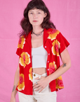 Paintstamped Pantry Button-Up in Mustang Red worn by Alex