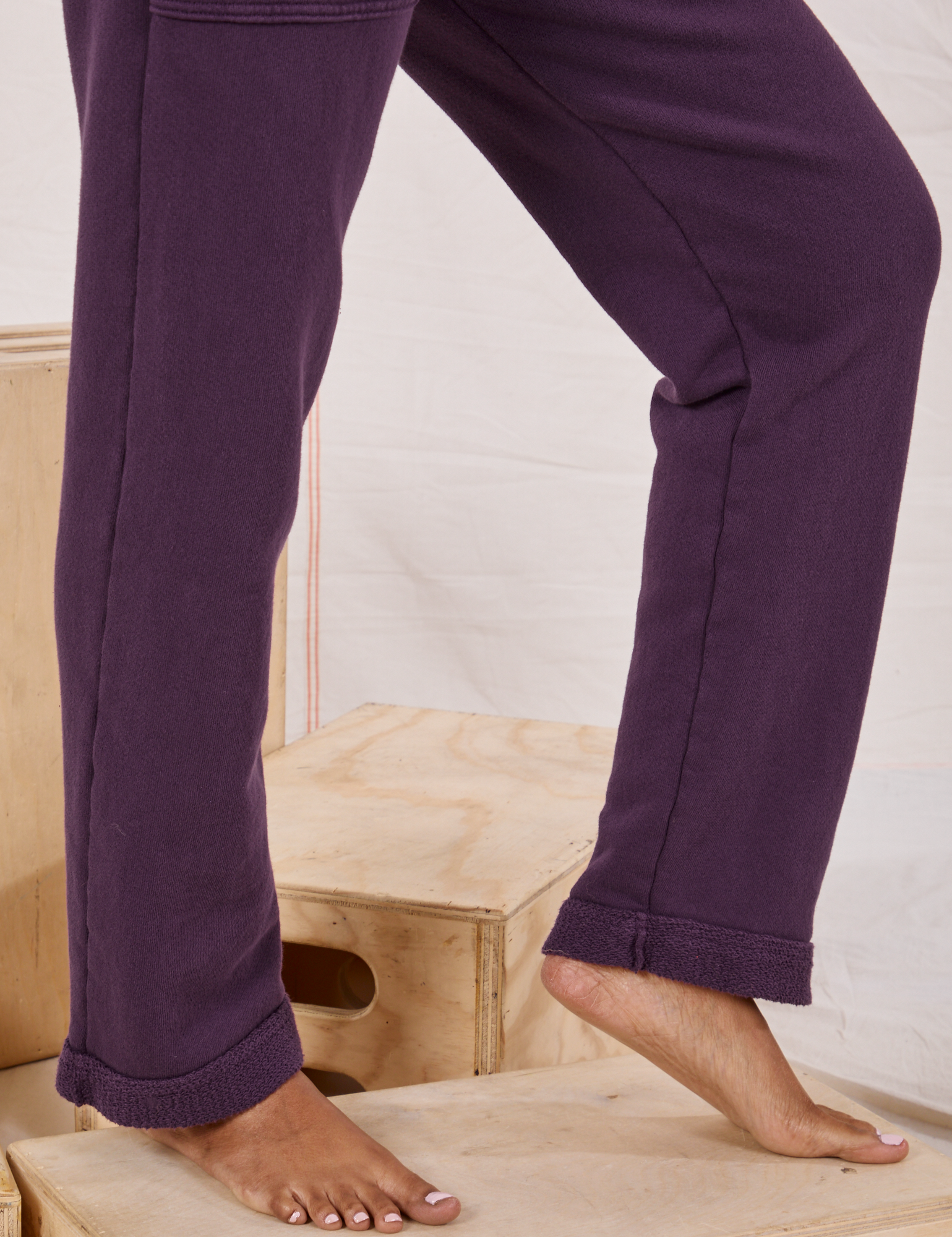Rolled Cuff Sweat Pants in Nebula Purple pant leg side view close up on Kandia