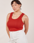 Angled front view of Tank Top in Mustang Red on Tiara
