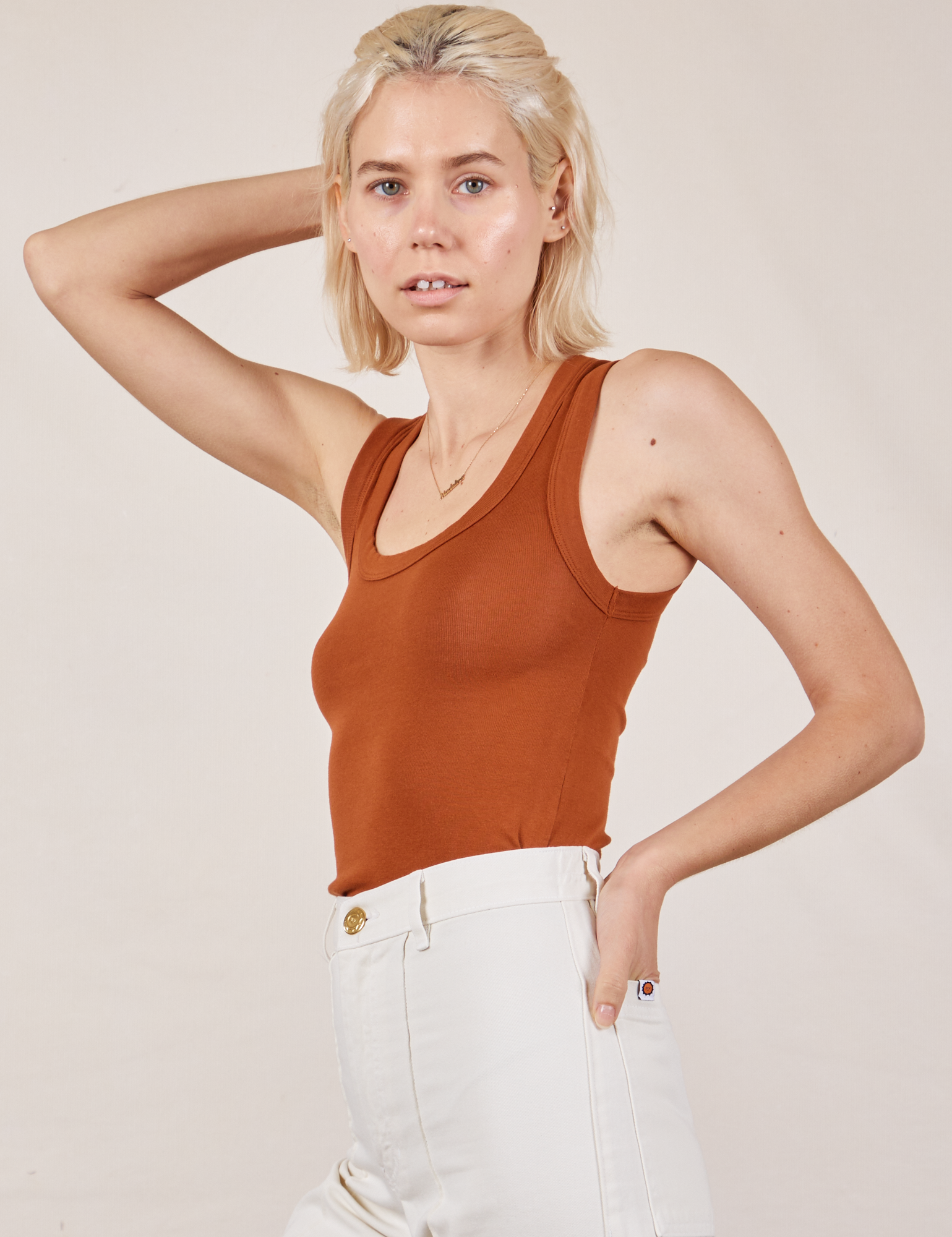 Angled front view of Tank Top in Burnt Terracotta on Madeline
