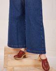 Indigo Wide Leg Trousers in Dark Wash pant leg close up on Alex