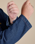 Indigo Denim Work Jacket in Dark Wash sleeve close up on Juliet