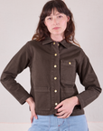 Denim Work Jacket in Espresso Brown buttoned up on Alex