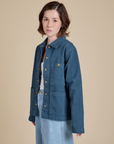 Angled front view of Denim Work Jacket in French Blue on Hana