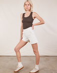 Angled front view of Classic Work Shorts in Vintage Tee Off-White and espresso brown Tank Top on Madeline